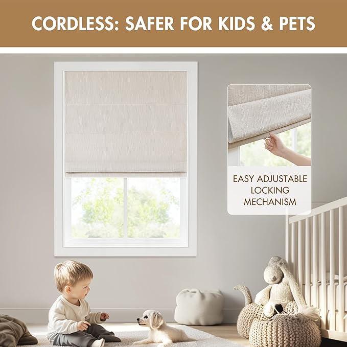 Madison Park Cordless Roman Shades, Total Blackout Window Blind Privacy Window Shades, Thermal Insulated Cordless Window Treatment for Bedroom, Living Room, Quincy, Single Panel 33" W X 64" H Linen