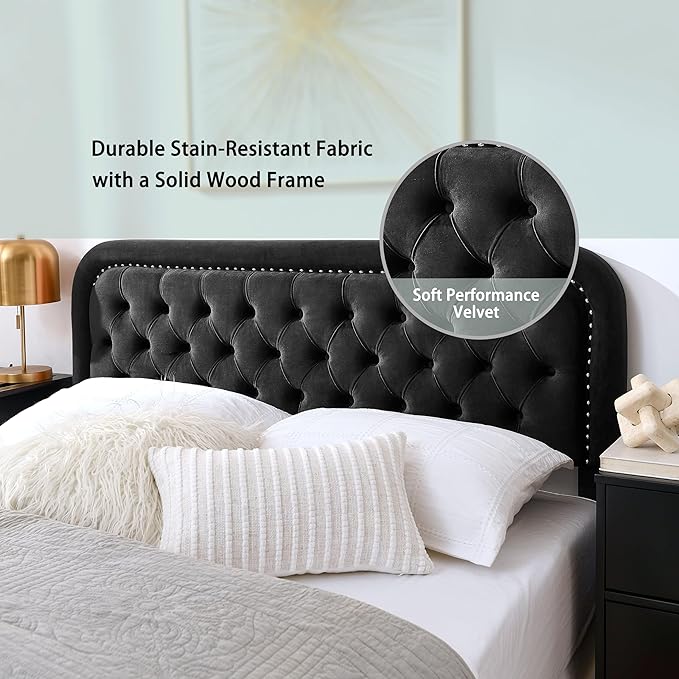 Tufted Upholstered Headboard,Button Solid Wood HeadBoards with Adjustable Height,Modern Performance Velvet Bed Head Boards,Easy Install&Nailhead (Black, Queen)
