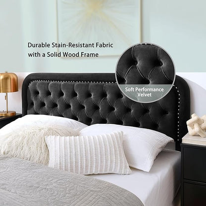 Tufted Upholstered Headboard,Button Solid Wood HeadBoards with Adjustable Height,Modern Performance Velvet Bed Head Boards,Easy Install&Nailhead (Black, King)