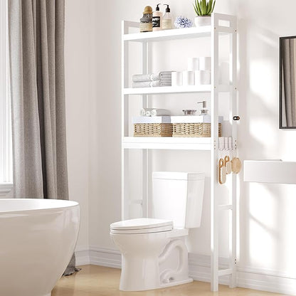 Smiry Over The Toilet Storage Cabinet, 3-Tier Bamboo Bathroom Organizers with Adjustable Shelf & 4 Hooks, Space Saving Shelf Rack for Bathrooms, Laundry Room, Balcony, White