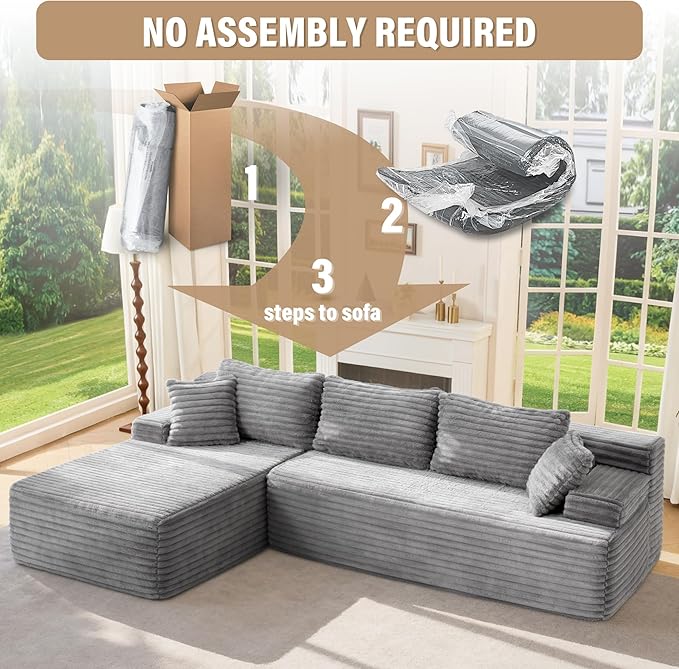 Hobestluk Modular Sectional Couch Sofa,96" Boneless Couches for Living Room, Memory Foam Sectional Couch with Oversized Chaise,L-Shape Couches (Grey, Left Facing)
