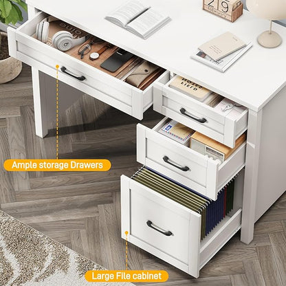 Vabches Farmhouse 47" Executive Desk, Computer Desk with File Drawer and Charging Station, Workstation for Home Office, Study,Cream White.