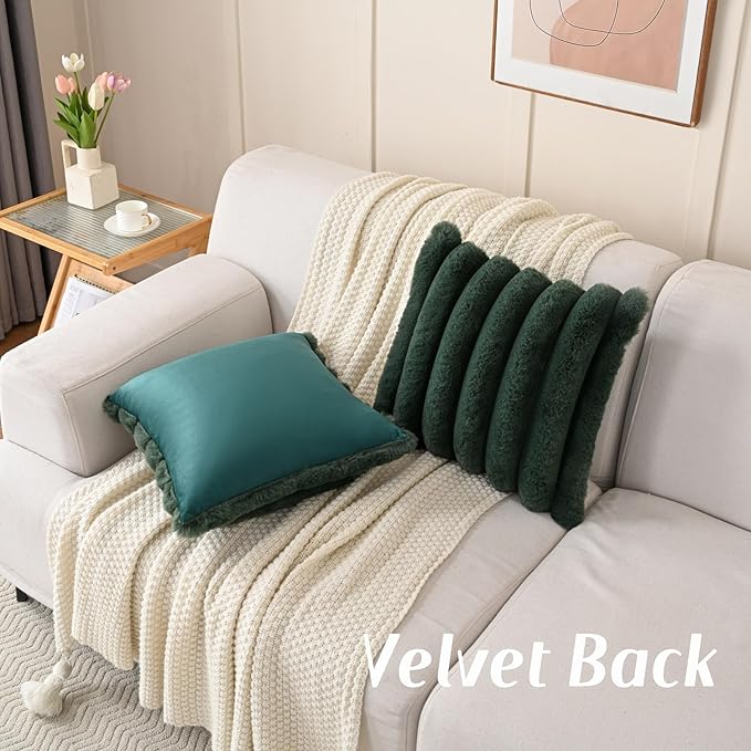 FUTEI Christmas Dark Green Decorative Throw Pillow Covers 26x26 Inch Set of 2, Square Soft Faux Rabbit Fur Thick Striped Euro Pillow Shams,Winter Home Decor for Couch Bed Living Room