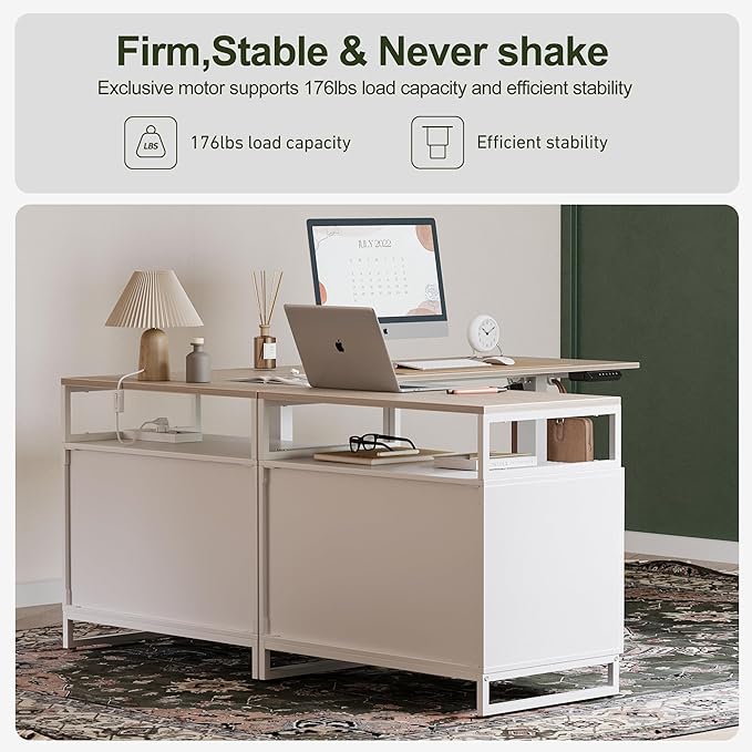 BANTI Executive L Shaped Standing Desk, 66 Inch with 2-Drawer File Cabinet, Electric Height Adjustable Stand up Desk, Home Office Computer Desk with Shelves, Light Walnut Top