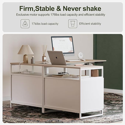 BANTI Executive L Shaped Standing Desk, 66 Inch with 2-Drawer File Cabinet, Electric Height Adjustable Stand up Desk, Home Office Computer Desk with Shelves, Light Walnut Top