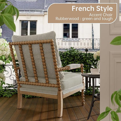 Morden Fort Linen Fabric Spindle Accent Chairs Set of 2, French Style Chairs with High Resilience Spring Cushion and Armrest Pads, Leisure Armchair for Living Room Bedroom Farmhouse Office Balcony