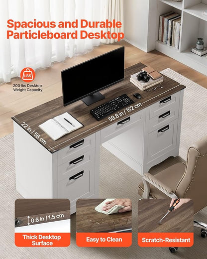 VEVOR 60" Executive Desk with Drawers, Farmhouse Home Office Desk with Charge Station, Keyboard Tray, File Storage Cabinet, 200 LBS Load Capacity Wood Table, Easy Assembly, for Work Study, Walnut