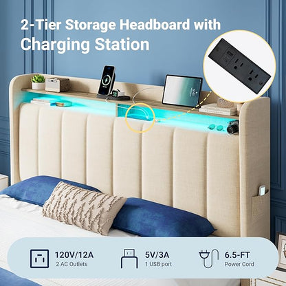 Allewie Vertical Tufted Queen Upholstered Platform Bed Frame with 2-Tier LED Storage Headboard & 2 Storage Drawers, USB & Type-C Charging Ports, Noise-Free/No Box Spring Needed, Beige