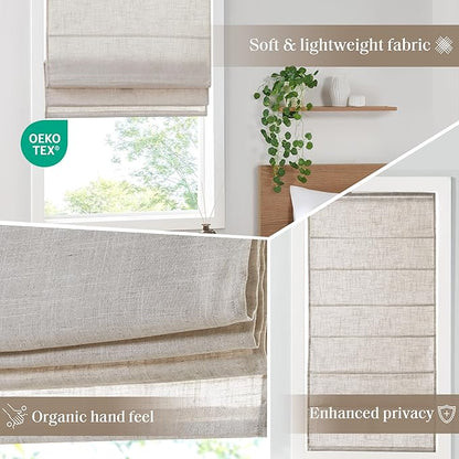 Madison Park Kyler Cordless Roman Shades - Single Panel, Lightweight Linen Blend Fabric, Natural Design, Easy Installation, Light Filtering Window Blind, Bedroom, Living Room Decor 29"W x 64"H Natural
