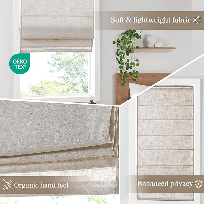 Madison Park Kyler Cordless Roman Shades - Single Panel, Lightweight Linen Blend Fabric, Natural Design, Easy Installation, Light Filtering Window Blind, Bedroom, Living Room Decor 31"W x 64"H Natural