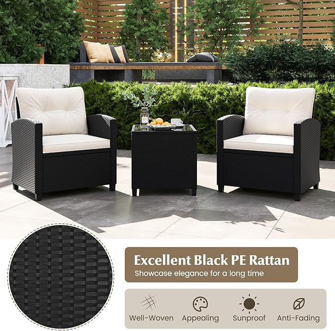 Tangkula 3 Piece Patio Furniture Set, Rattan Conversation Set w/Soft Seat & Back Cushions, Tempered Glass Topped Coffee Table, Cushioned Wicker Seating Set for Backyard, Porch, Poolside (Off White)