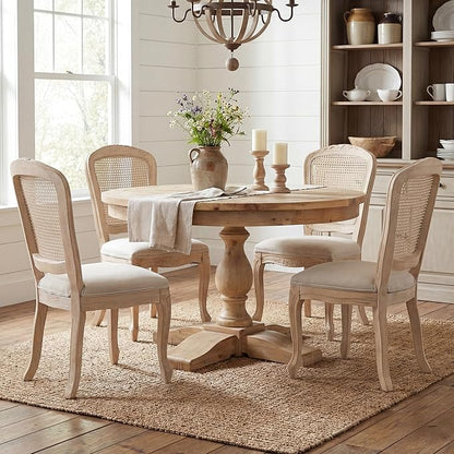 Wicker Dining Chairs Set of 6, Upholstered Linen Fabric Dining Room Chairs with Square High Rattan Back Farmhouse French Kitchen Chairs for Dining Table/Living Room/Restaurant, White