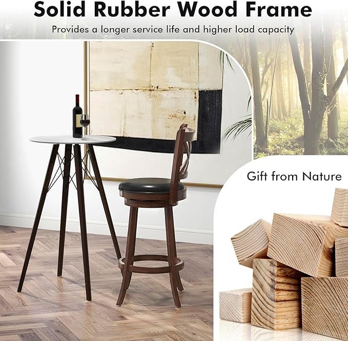 COSTWAY Bar Stool Set of 4 for Kitchen Island, Swivel Upholstered Bar Height Barstools with PU Surface, Rubber Wood Frame, 360° Rotatable Seat, Curved Back, Sturdy Footrest (4, 29" Seat Height)