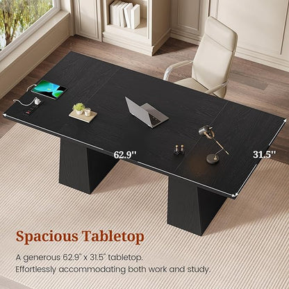63 in Executive Desk with Power Outlets, Modern Home Office Desk with Storage Cabinet, Wood Computer Desk Business Workstation Desk Conference Table (Black)