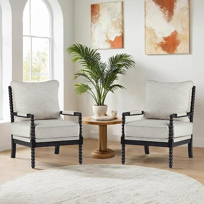 DUHOME Linen Fabric Spindle Accent Chairs Set of 2,Bobbin Chair with High Resilience Spring Cushion and Armrest Pads, Leisure Armchair for Living Room Bedroom Farmhouse Home Office Belcony