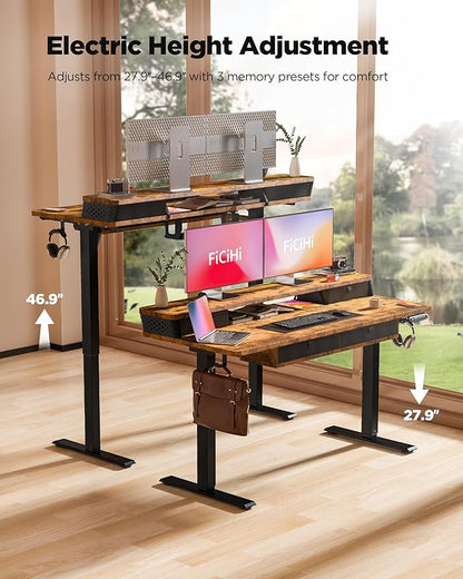 FiCiHi Adjustable Height Standing Desk with 4 Drawers,48 x 24 inches Electric Sit Stand Home Office Desk with Two Tiers, 3 Memory Presets, Monitor Stand Riser