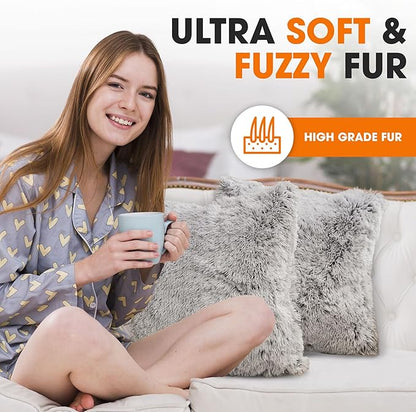 Cheer Collection Throw Pillows for Couch and Bed, Soft Shaggy Throw Pillows with Inserts Included, Cozy Long Hair Faux Fur Pillows - Set of 2-24" x 24" Gray