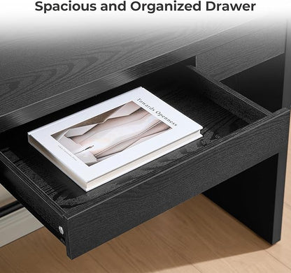 SICOTAS Computer Desk Writing Table - 47-Inch Wooden Study Desk for Bedroom, Farmhouse Home Office Desk with Drawer, Boho Makeup Vanity Table for Dormitory (Black Oak, 1 Piece)
