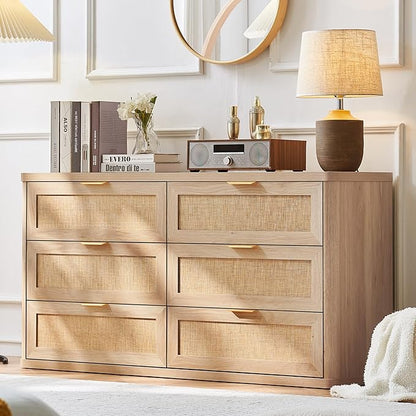 LEYAOYAO Rattan 6 Drawer Dresser for Bedroom, Boho 54" Wide Natural Wood Dresser Chest of Drawers, Dressers TV Stand with Metal Handle, Storage Dressers Closet Organizer for Living Room, Hallway
