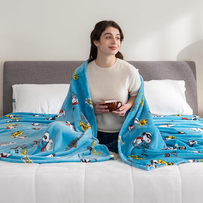 Berkshire Blanket Peanuts® VelvetLoft® Cute Character Snoopy Plush Blanket,Peanuts Large Masked Marvel Toss Happy Blue,King 90 in x 108 in (Official Peanuts® Product)