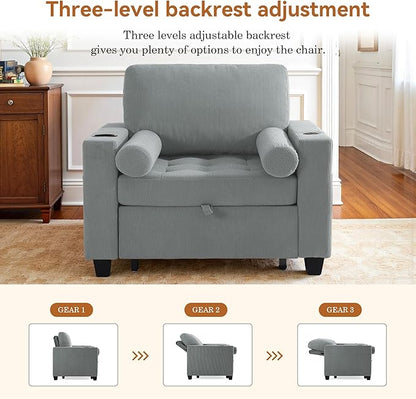 Convertible Sleeper Chair Bed, Comfy Corduroy Single Futon Sofa Chairs with Pull Out Bed, 3-Levels Adjustable Backrest Accent Chair with Side Pockets, Cup Holder & USB Ports for Living Room, Bedroom