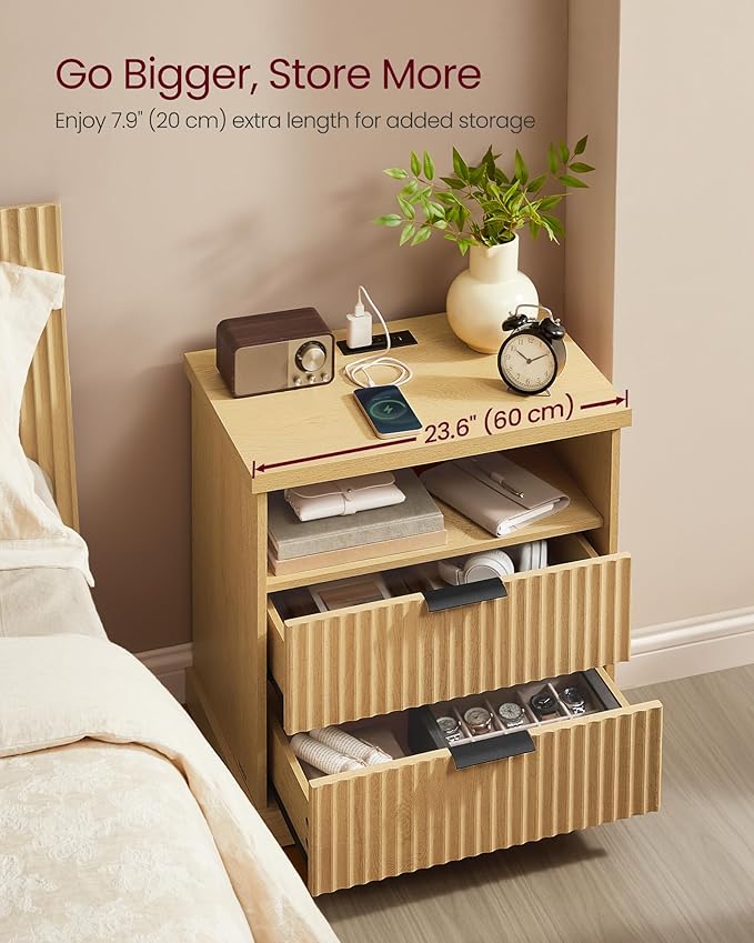 VASAGLE MAXE Collection - Nightstand with Charging Station, Fluted Night Stand, Bedside Table, Mid Century Modern Side End Table, 2 Drawers, 2 AC Outlets, 2 USB Ports, Oak Beige ULET626Y01S