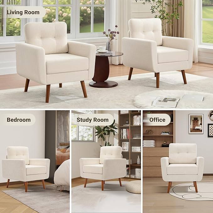 Tbfit Linen Fabric Accent Chairs Set of 2, Mid Century Modern Armchair for Living Room, Bedroom Button Tufted Upholstered Comfy Reading Accent Chair Sofa(Light Beige)