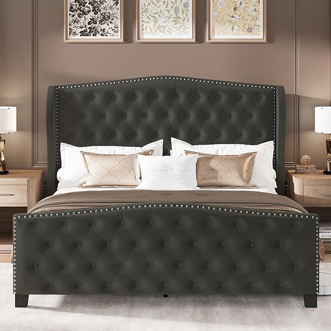 LARMACE Queen Size Bed Frame Velvet Upholstered Platform Bed with Wingback Headboard & Footbaord, Deep Button Tufted Bed Frame with Wood Slats Support, No Box Spring Needed, Grey
