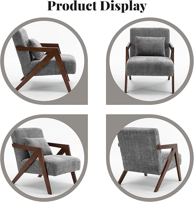 Mid-Century Modern Accent Chair with Solid Wood Frame，Upholstered Chenille Living Room Arm Chairs with Pillow for Bedroom, Living Room, Reading Room, Balcony, Grey