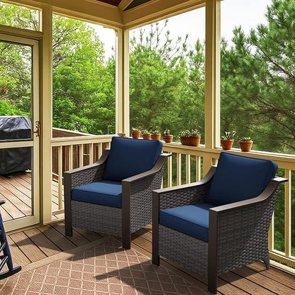Outdoor Armchairs Set of 2, Patio Metal Wicker Conversation Furniture Set, Premium & Washable Cushions, Durable PE Rattan, Metal Armrests with Wood Grain, Backyard (Navy Blue)