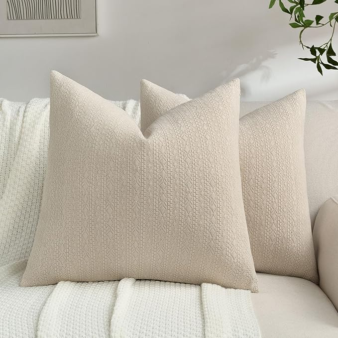 FUTEI Beige Chenille Throw Pillow Covers 26x26 Inch Set of 2,Soft Striped & Diamond Textured Euro Pillow Shams,Modern Home Decor for Couch Living Room