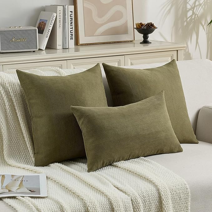 FUTEI Olive Green Chenille Throw Pillow Covers 24x24 Inch Set of 2,Soft Wide Chevron Textured European Pillow Shams,Farmhouse Home Decor for Couch Bed Living Room