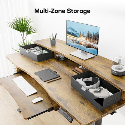 HUANUO 48" x 26" Electric Standing Desk with 2 Drawers & 26.7" Large Keyboard Tray, C-Clamp Mount Compatible, Adjustable Computer Desk for Home Office, Stand Up Desk with 4 Height Presets, Vintage