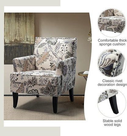 HULALA HOME Modern Accent Chairs Set of 2, Farmhouse High Back Floral Chairs with Wooden Legs & Nail Head Trim, Comfy Upholstered Armchairs for Living Room/Bedroom (Orange Grey Floral)
