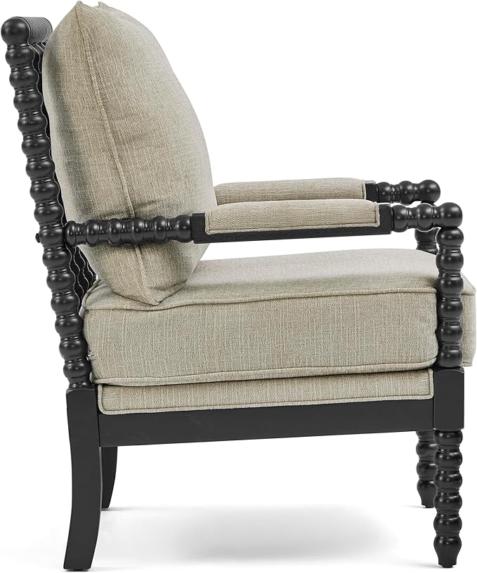 Morden Fort Linen Fabric Spindle Accent Chair with Wood Frame, French Style Accent Chairs with Padded Spring Seat and Armrest Pads, Brushed Base for Living Room Bedroom Farmhouse Office Balcony