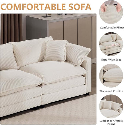 mikibama Luxury 3 Piece Sofa Set, Loveseat Couch & 2 Single Sofa Set, Modern Corduroy Comfy Cloud Couches Set for Living Room Office with 2 Armrest Pillows and 4 Toss Pillows, Beige