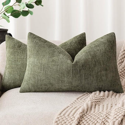 Foindtower Pack of 2 Textured Chenille Throw Decorative Pillow Covers Square Accent Solid Cushion Cover Neutral Farmhouse Lumbar Pillow Case for Couch Sofa Bedroom Living Room 12x24 Inch,Dark Green
