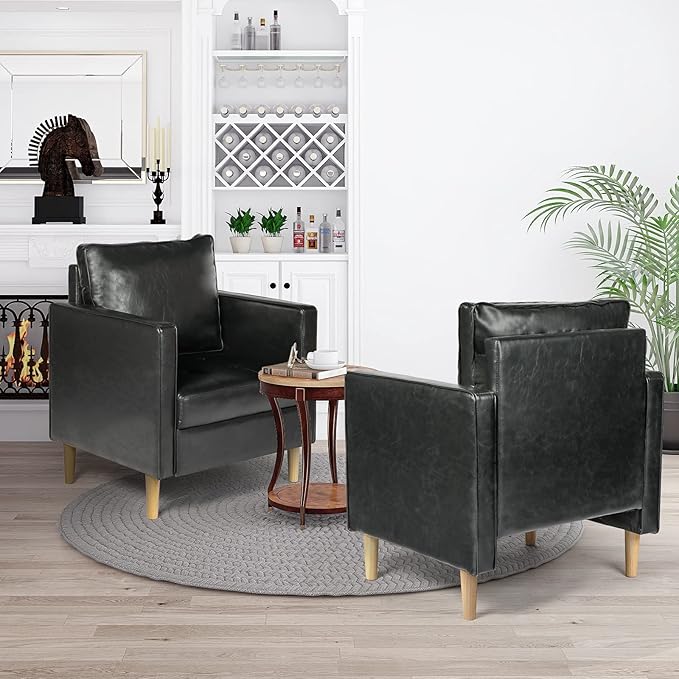 STHOUYN Black Faux Leather Accent Chairs Set of 2 Small Living Room Bedroom Chairs, Comfy Reading Chair Single Sofa for Adults, Suitable Small Spaces Office Couch, Easy Assembly