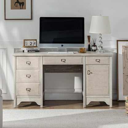 Chogori 55" Solid Wood Executive Desk, Farmhouse Office Computer Desk with 5 Drawers & Storage Cabinet, Wooden Writing Table for Home Office Study Bedroom,Gray