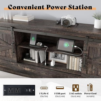 AMERLIFE Farmhouse Queen Bed Frame, Rustic Wood Platform Beds w/Barn Door Storage Bookcase Headboard & Charging Station, Bedroom Furniture, No Box Spring Needed, Dark Oak