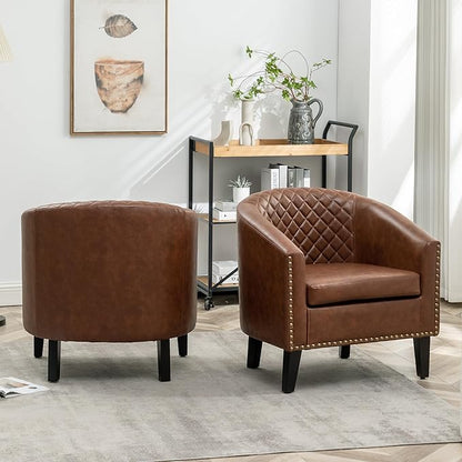 KINWELL 29" W Faux Leather Barrel Chairs Set of 2, Modern PU Upholstered Tufted Club Chairs with Nailhead Trim, Small Armchairs Accent Chairs for Living Room Bedroom Apartment Lounge Nursery, Brown