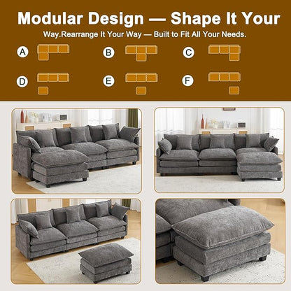 111.4" Cloud L Shaped Sectional Couch with Ottoman｜Modular Chenille Sofa with 29.1" Deep Seat｜FSC Solid Wood Frame｜Easy Assembly & 1YR Guarantee｜for Living Room Bedroom Apartment，Grey