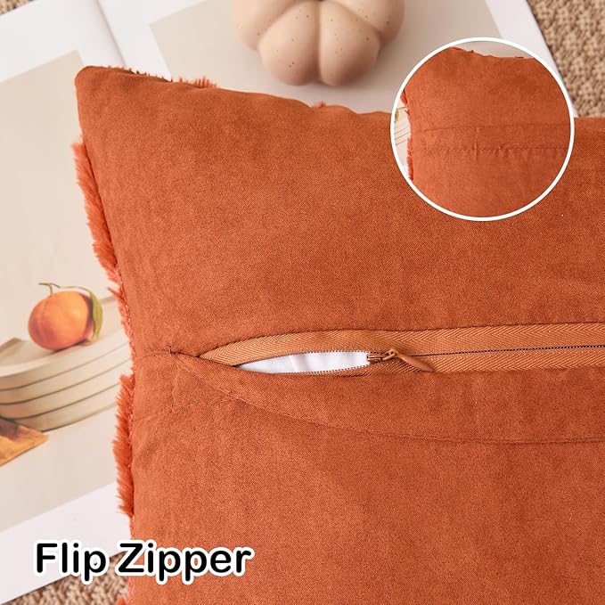 Kevin Textile Fall Pillow Covers 20x20 Inch Set of 2 Soft Pumpkins Decorative Square Pillowcases Plush Autumn Faux Fur Cushions Harvest Gift for Couch Sofa Chair Bedroom Home Decor, Rust