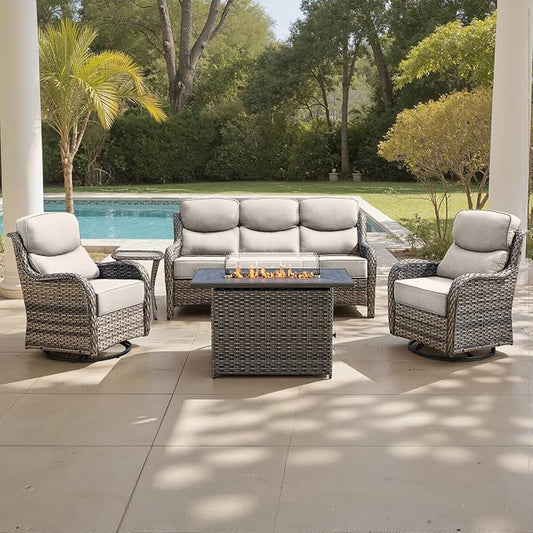 Belord Luxury 6" Thick Cushioned 5 Pieces Patio Furniture Set with Fire Pit Table, Wicker Outdoor Conversation Set with High Back Swivel Rocker Chairs for Deck Porch Yard and Poolside - Grey+Beige