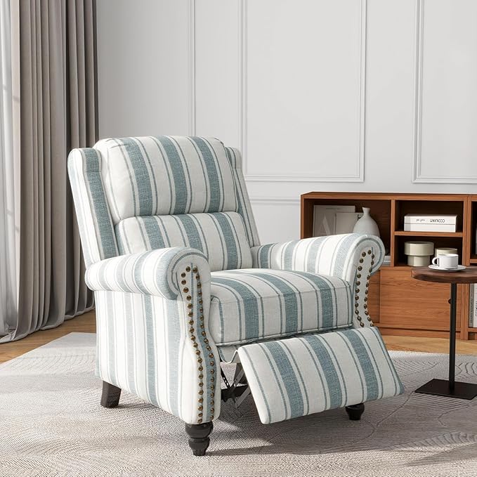 UIXE Pushback Recliner Chair Accent Chairs, Fabric Armchair Push Back Club Arm Chair for Living Room, Rivet Trim Overstuffed Home Theater Single Sofa Bedroom Reading Seat with Footrest - Stripe Blue