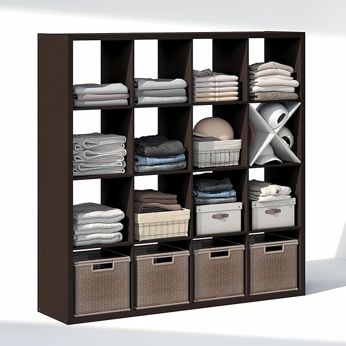 Furinno Cubic Closet Organizers and Storage, 16-Cube Closet Organizer, Open Shelf Closet Storage, Extra Thick Frame for Wardrobe, Bedroom, Living Room, Dark Oak