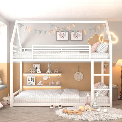 Bunk Bed Twin Over Twin, House Bunk Bed Frame with Ladder and Guardrail, House Shaped Bunk Bed Frame with Metal Slats for Girls Boys, Space Saving, No Box Spring Needed (White)