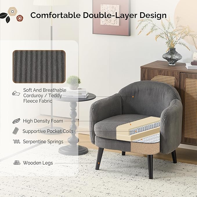 VINGLI 30.3" Wide Modern Barrel Accent Armchair with Track Armrest, Solid Wooden Legs, Comfy Upholstered Club Chair, Round Single Home Sofa for Living Room, Bedroom, Reading Room, Corduroy Grey