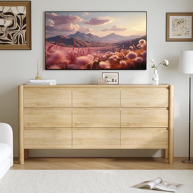 Dresser for Bedroom with 9 Drawers,63" Wide Oak Dresser with 4 Solid Wood Legs, Wooden TV Stand,Closet Clothes Organizer for Bedroom, Hallway