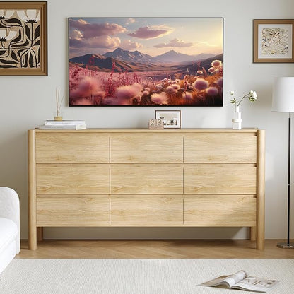 Dresser for Bedroom with 9 Drawers,63" Wide Oak Dresser with 4 Solid Wood Legs, Wooden TV Stand,Closet Clothes Organizer for Bedroom, Hallway